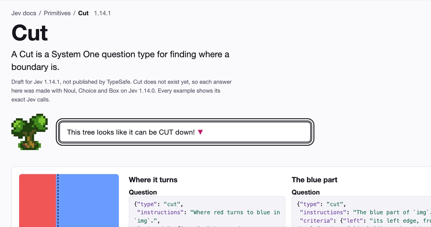 The top of the Cut for Jev artifact: the Cut docs page with a red and blue square cut where the colours change.